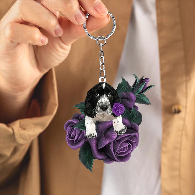 English Springer Spaniel In Purple Rose Acrylic Keychain PR014