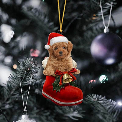 Brown Poodle In Santa Boot Christmas Hanging Ornament SB046
