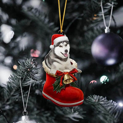 Grey Husky In Santa Boot Christmas Hanging Ornament SB048